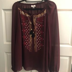 Boho style sheer top with drawstring neckline